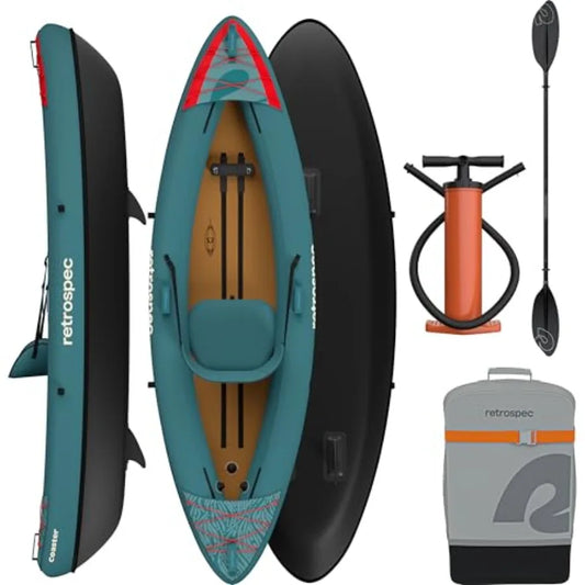 Inflatable kayak for adults, PVC material, blue color, 220lb/440lb capacity, portable lightweight design with paddle, pump and