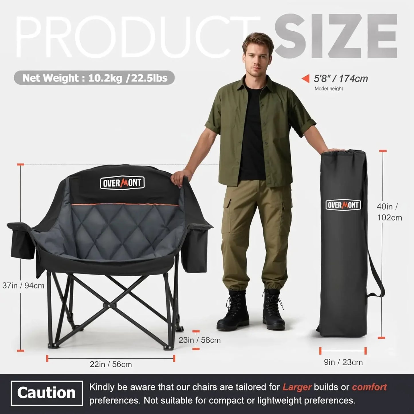 Oversized XL Camping Chair for Adults - 400lbs Support Heavy-Duty Padded Folding Chair with Side Pocket Cup Holder Cooling Bag f