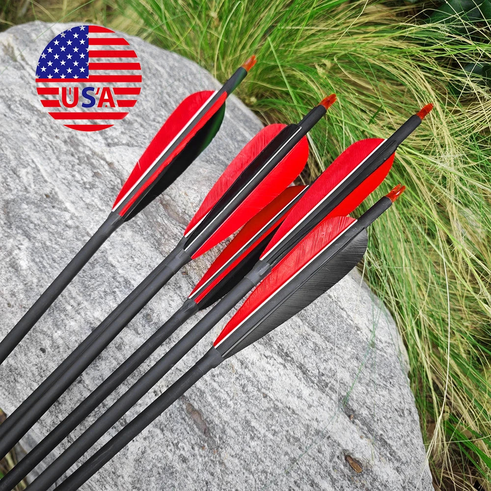12pc Mixed Carbon Arrows Archery SP500 Carbon Arrow 5 Inch Feather Traditional Bow Recurve Longbow Shooting Hunting Arrow