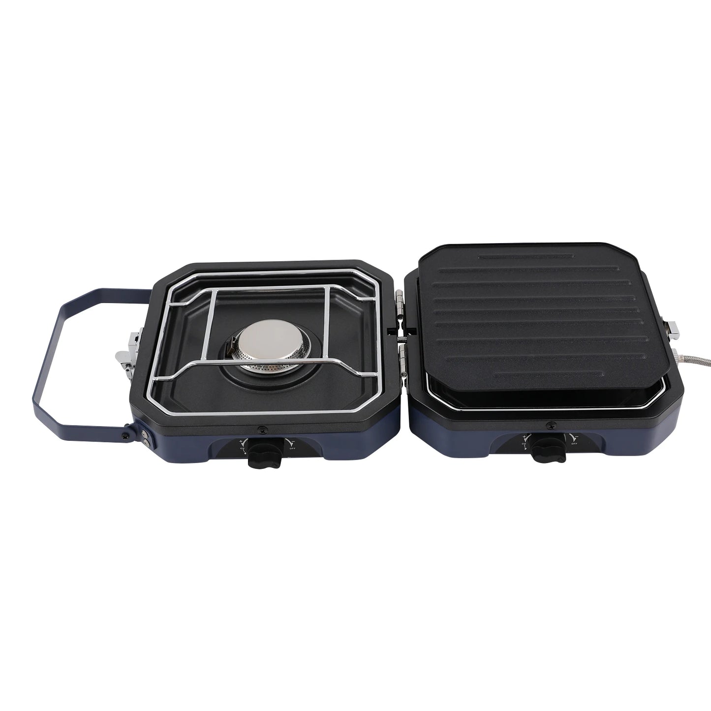 Foldable Camp Stove with Grill Pan, 2-Burners Portable Stove for Camping, BBQ Outdoor Gas Cooker, Dual Control Knobs