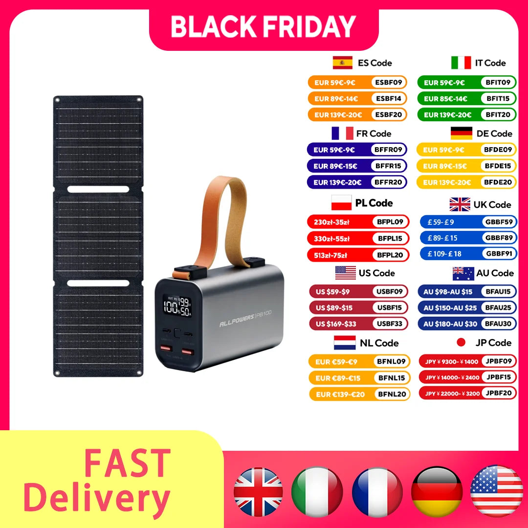ALLPOWERS PB100 Powerbank and SP001 12V21W Solar Panel 24000mAh 4-Port Portable Charger with LED for Phone Laptop Camping travel