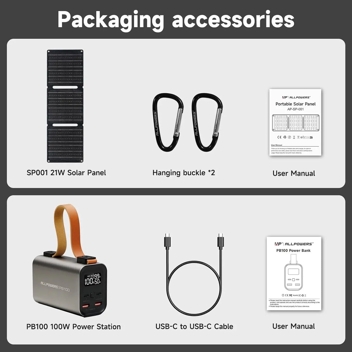ALLPOWERS PB100 Powerbank and SP001 12V21W Solar Panel 24000mAh 4-Port Portable Charger with LED for Phone Laptop Camping travel