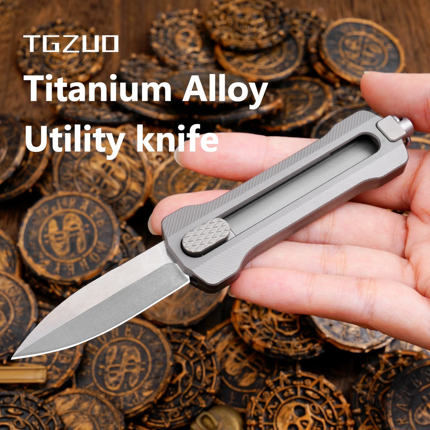 Titanium Alloy EDC Pocket Knife,D2 Steel Fixed Blade,With Window Breaker,for outdoor camping Hunting Hiking,Small Cutting Tool
