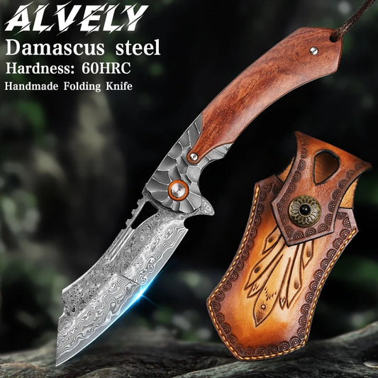 Handmade Damascus Steel Folding Pocket Knife, EDC Outdoor Adventure Pocket Knife, Hunting Hiking Mountaineering Camping Knife