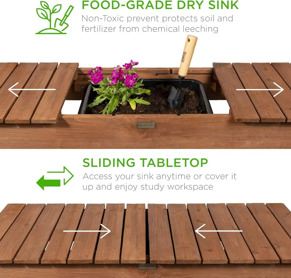 Mobile Garden Potting Bench with Sliding Tabletop, 4 Locking Wheels, Dry Sink & Storage Shelves - Brown Outdoor Workstation