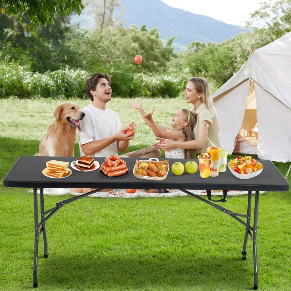 6 FT Folding Camping Table Heavy Duty Plastic Portable Square Dining Table for Picnics Parties Outdoor Black