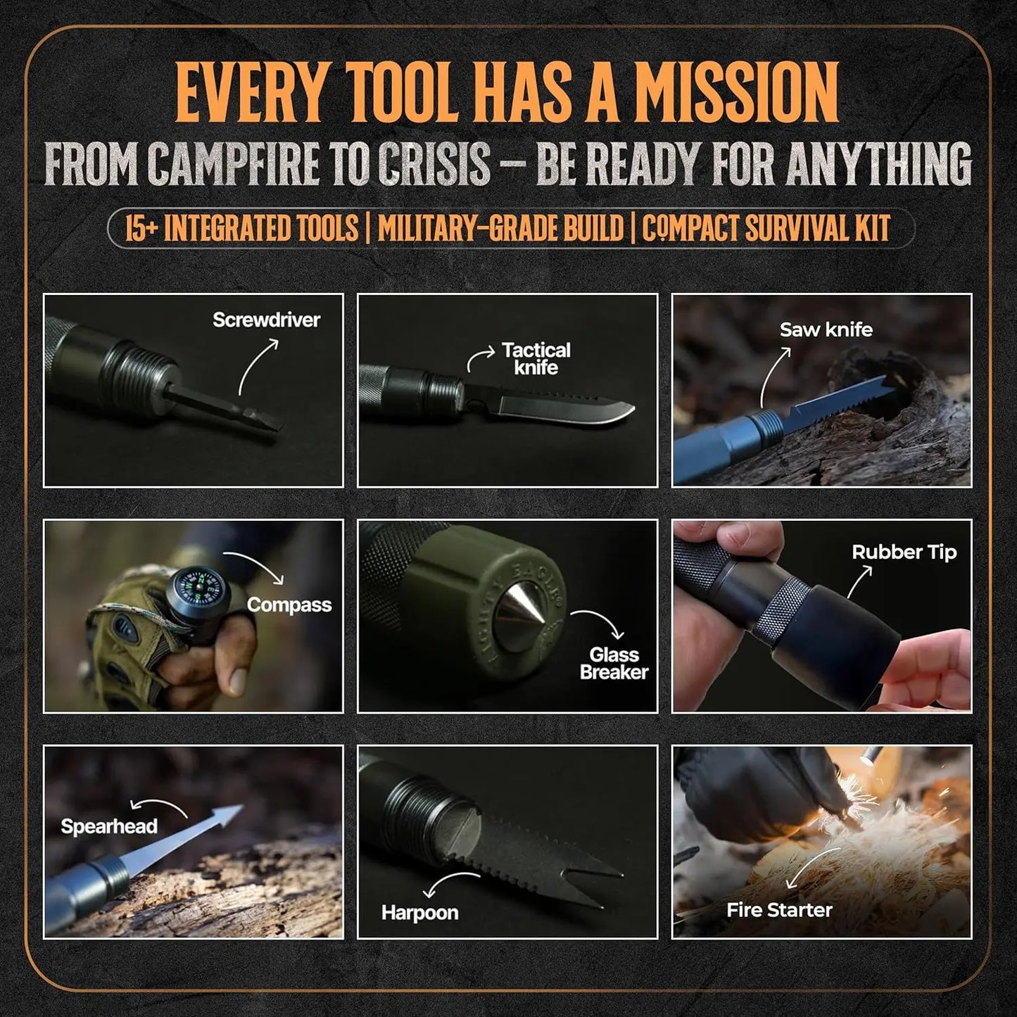 15-in-1 Tactical Survival Walking Stick & Hiking Staff – Heavy-Duty Collapsible Multitool for Camping