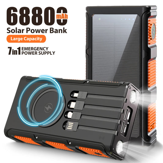 68800mAh Solar Power Bank 15W Fast Charging 7 In 1 Portable 4 Built-in Cables Dual LED Lights Compass For iPhone Android Phones
