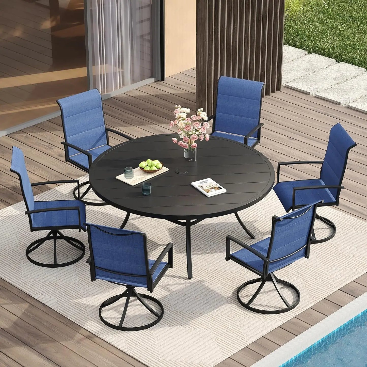 7 Pieces Patio Dining Set for 6-Outdoor Furniture Includes 53" Round Outdoor Table and Swivel Padded Chairs,, Customized