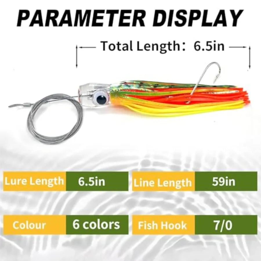 Trolling Lure Saltwater6.5/9 inch 6 pcs Squid Skirted Deep Sea Fishing Lure kit Tuna Marlin Wahoo Shark Mahi Trolling Fishing L