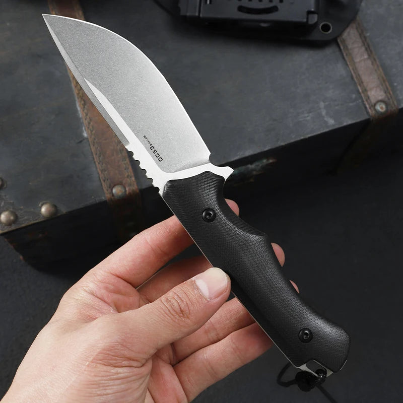 DC53 steel fixed blade straight knife, G10 handle with K sheath, outdoor camping hunting self-defence knife, camping EDC tool