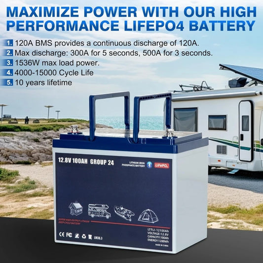 12V 100Ah BCI Group 24 Bluetooth LiFePO4 Battery, 120A BMS Rechargeable Mini Lithium Battery with Low-Temp Protection,Customized