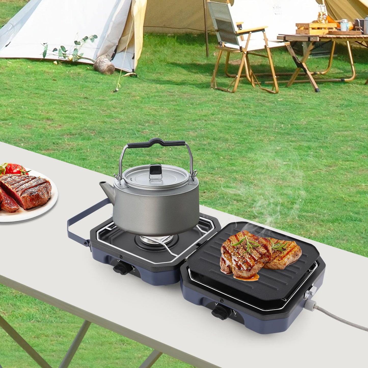 Foldable Camp Stove with Grill Pan, 2-Burners Portable Stove for Camping, BBQ Outdoor Gas Cooker, Dual Control Knobs