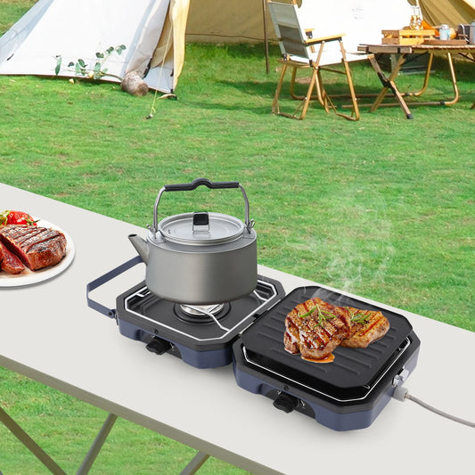 Foldable Camp Stove with Grill Pan, 2-Burners Portable Stove for Camping, BBQ Outdoor Gas Cooker, Dual Control Knobs