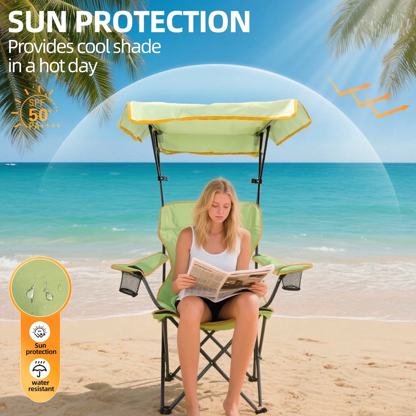 2-piece set of foldable camping chairs with sunshade, Double cup holder outdoor lawn chair, Heavy-duty portable folding chair