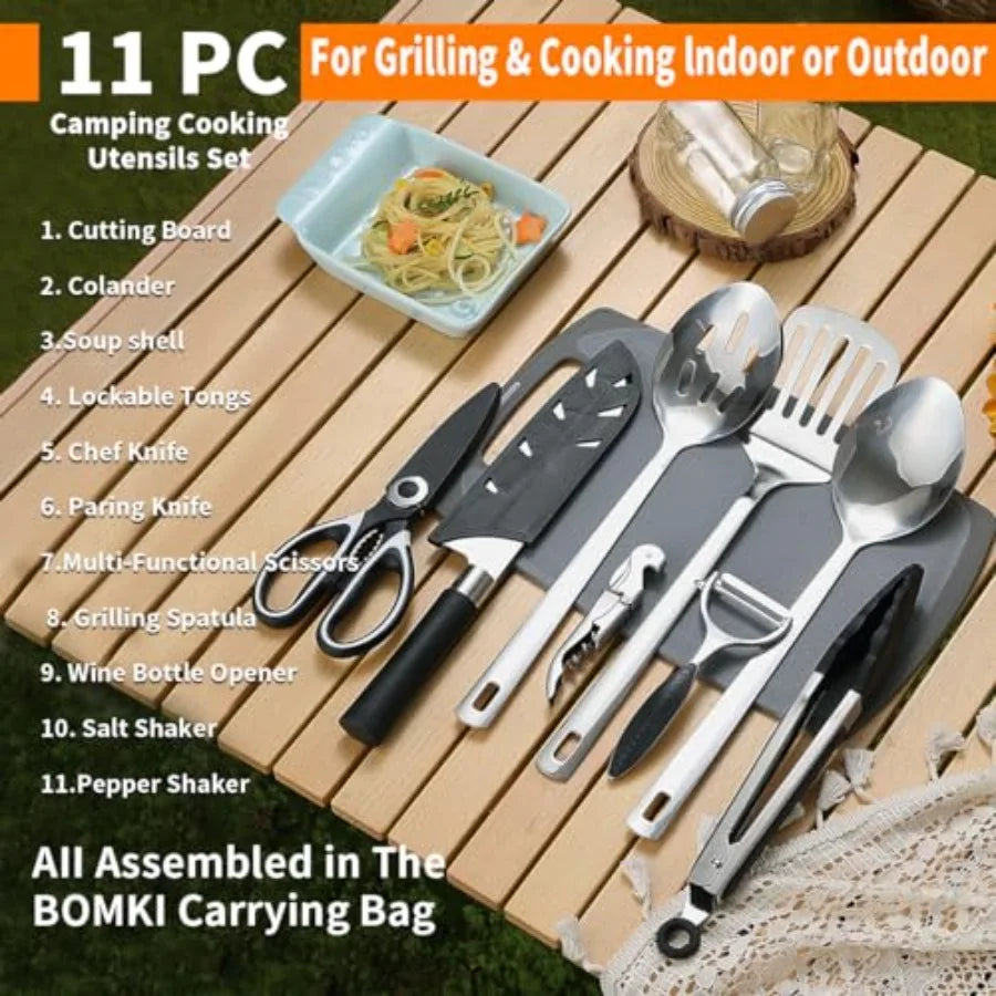 Camping Kitchen Cooking Utensil Set 10 Piece, Stainl Steel Outdoor Cooking and Grilling Utensil Organizer Travel Set Perfect fo