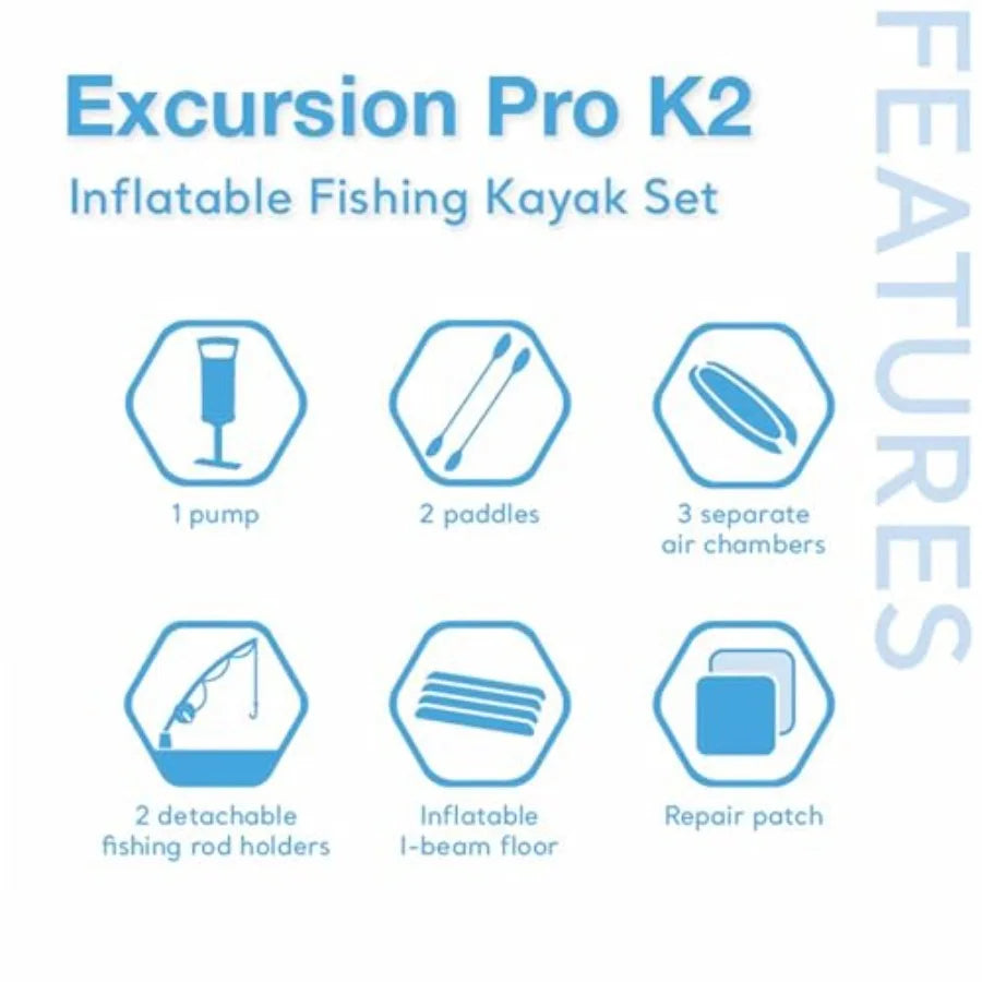 Excursion Pro inflatable kayak set for outdoor water adventures: SuperTough PVC, gray/black, 2-person capacity, 400lb weight li