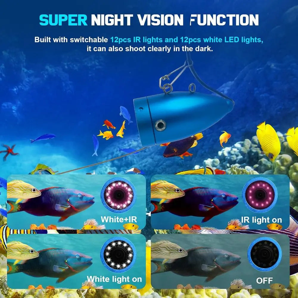 1200TVL HD Underwater Ice Fishing Camera with 7inch Monitor,49ft/15m Cable,10000mAh Fish Finder with 24pcs LED Lights