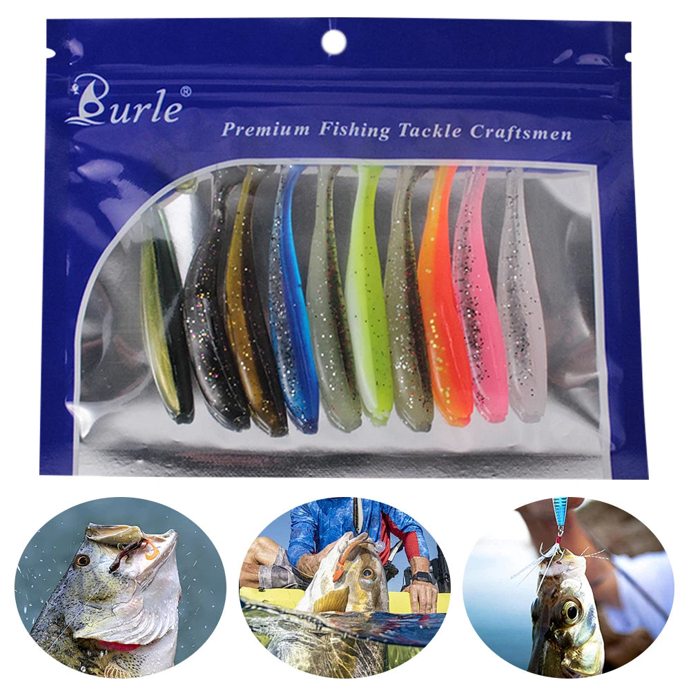 10Pcs 9cm Fishing Lures Plastic T Tail Worm Soft Bait Paddle Tail Swim Baits for Freshwater and Saltwater
