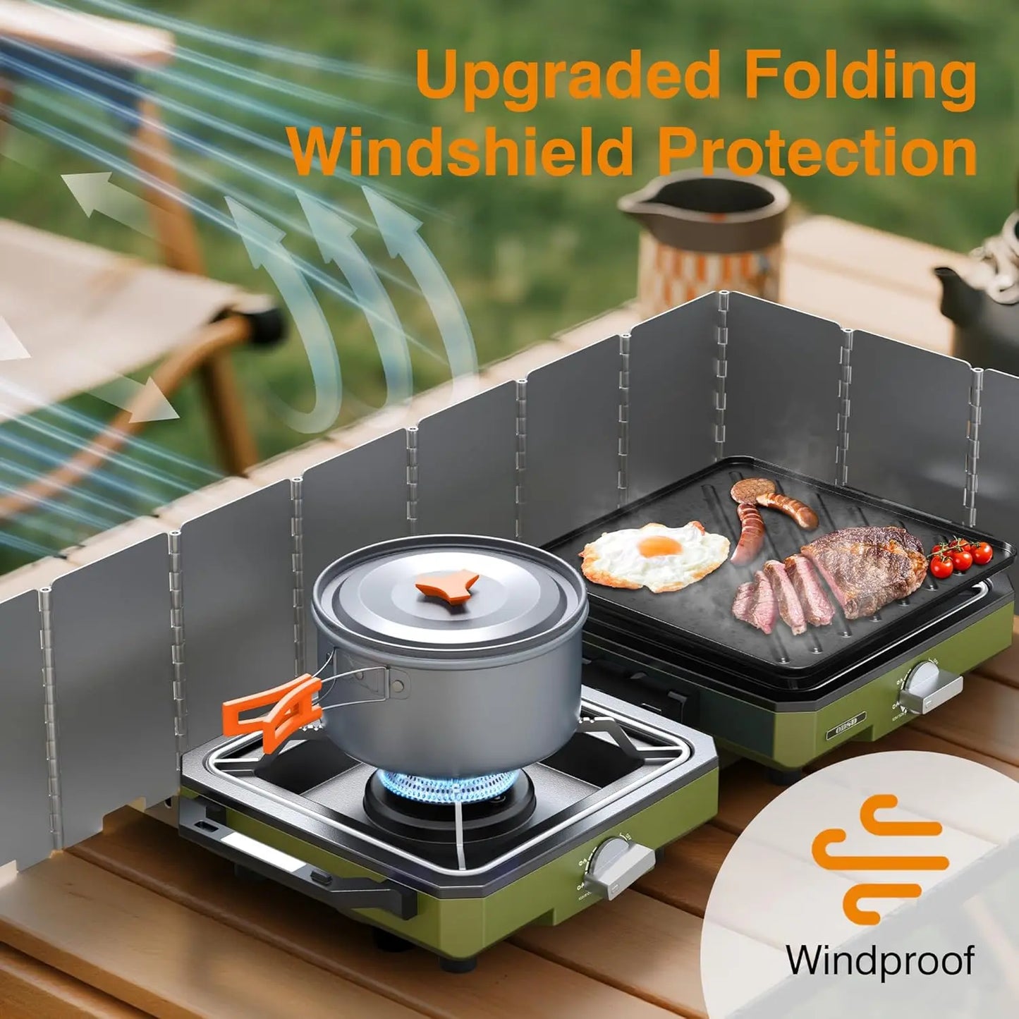 2 Burner Camping Stove with Windshield, 20000 Propane Camp Stove, Portable Folding Gas Stove, Camping