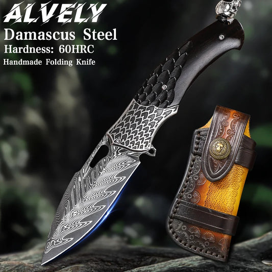 High Quality Handmade Damascus Steel Pocket Knife with Sheath, Men's EDC Folding Knife, Outdoor Adventure Hunting Knife