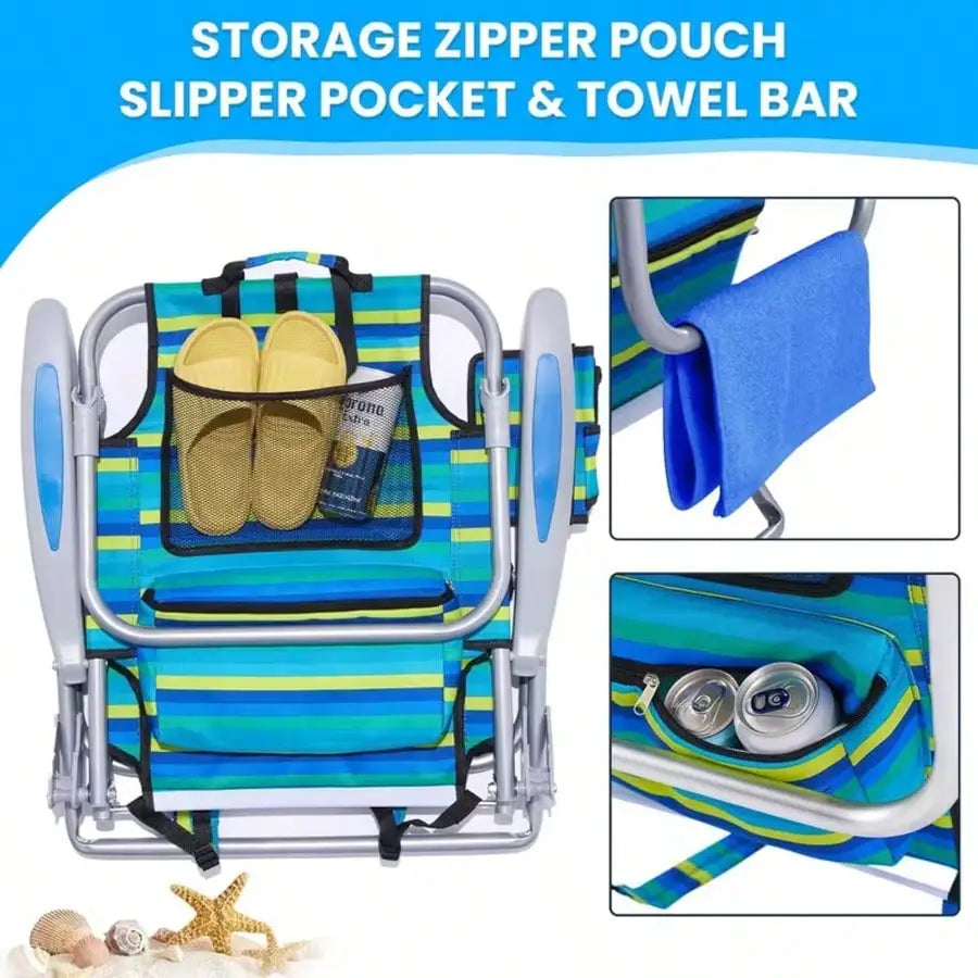 1PC Portable Beach Chair For Adults- Reclining Camping Chair With Headrest& Cup Holder, Lightweight Foldable Design For Backpack