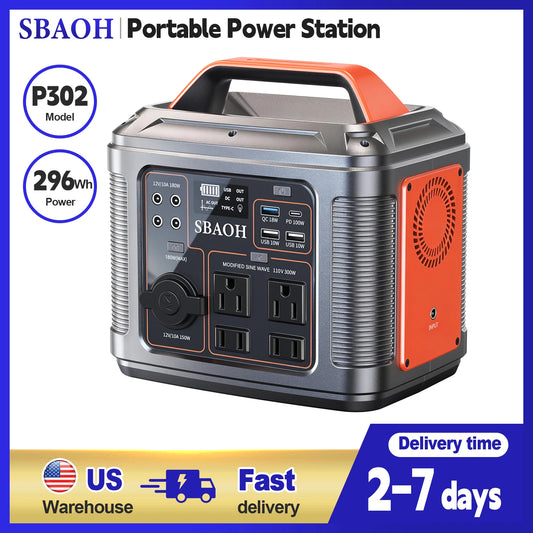Portable Power Station, 300W 296Wh Solar Generator Quick Charge / 110V AC Outlets/DC Ports and LED Flashlight, Lithium Battery B