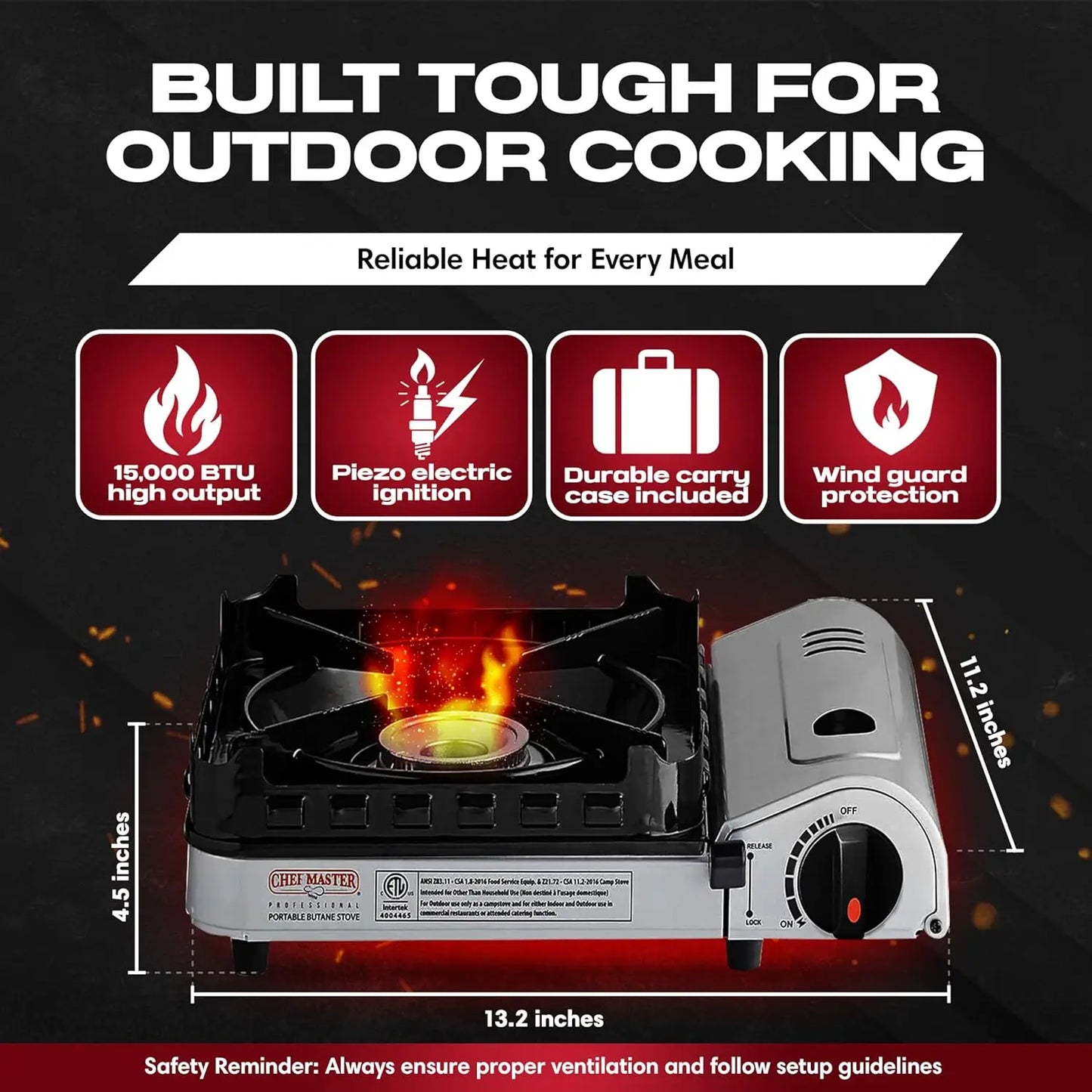 15,000 Butane Portable Camp Stove | Double Wind-Guard Portable Stove Burner w/Piezo Click Ignition