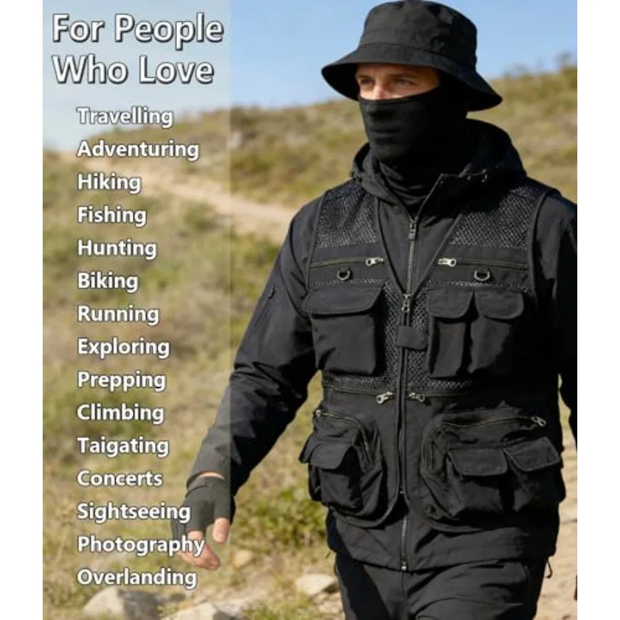 HUNTURE Fishing Vest, Pocket Travel Vest and Hat Gloves Neck Gaiter for Safari Hiking, Lightweight Work Cargo Vest for Men