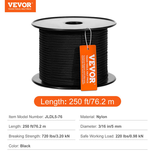 SucceBuy 3/16 in 250/1000ft Nylon Cord 32-Strand Design Multi-Purpose Rope for Outdoor Adventures Tree Work Emergency Situation