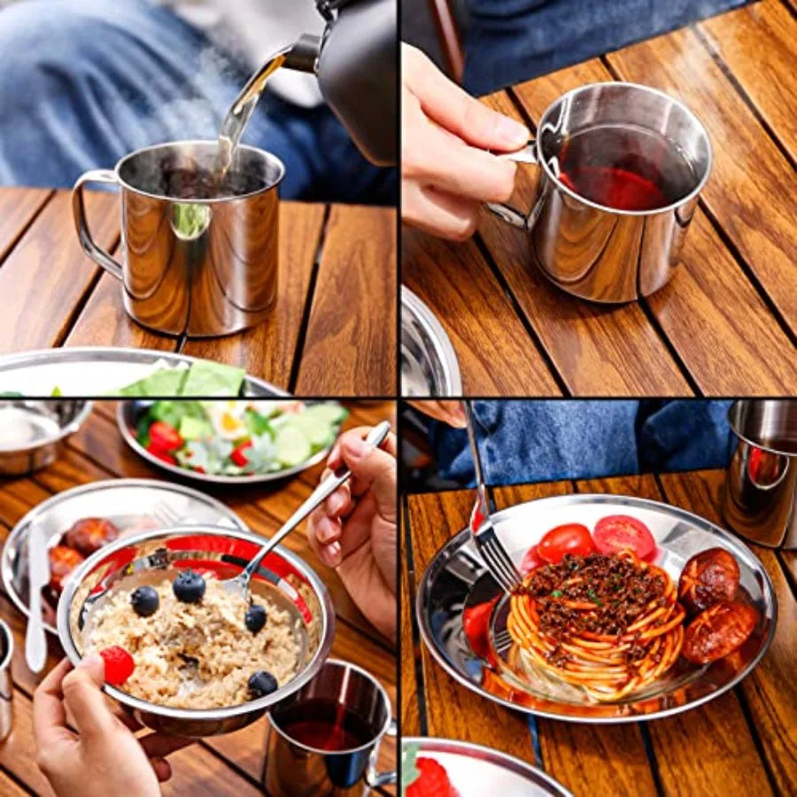 29pcs Stainl Steel Utensils Camping M Kits with Bowls Plates Cups Forks Spoons and Knives for 4, Camping Cutlery Set for Backpa
