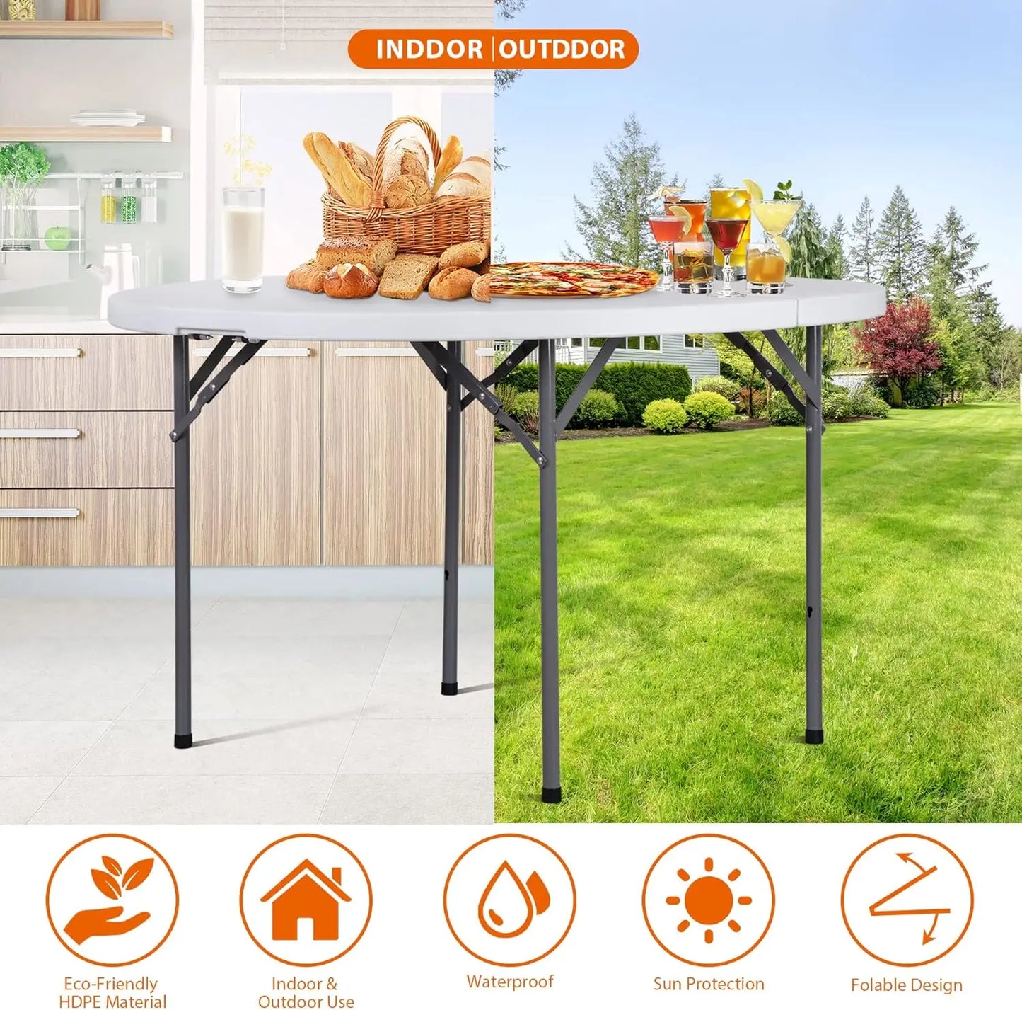 Round Folding Table 48" Portable Plastic Dining Card Table for Camping Party Indoor Outdoor White