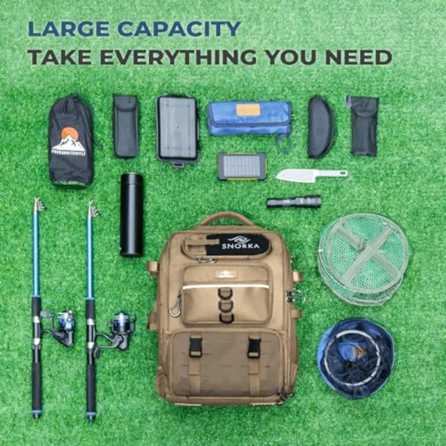 Fishing Backpack with Tackle Boxes and Rod Holders 40L; Plus Rain Cover, Padded Back Support, Insulated Front Pocket for Hot/Co