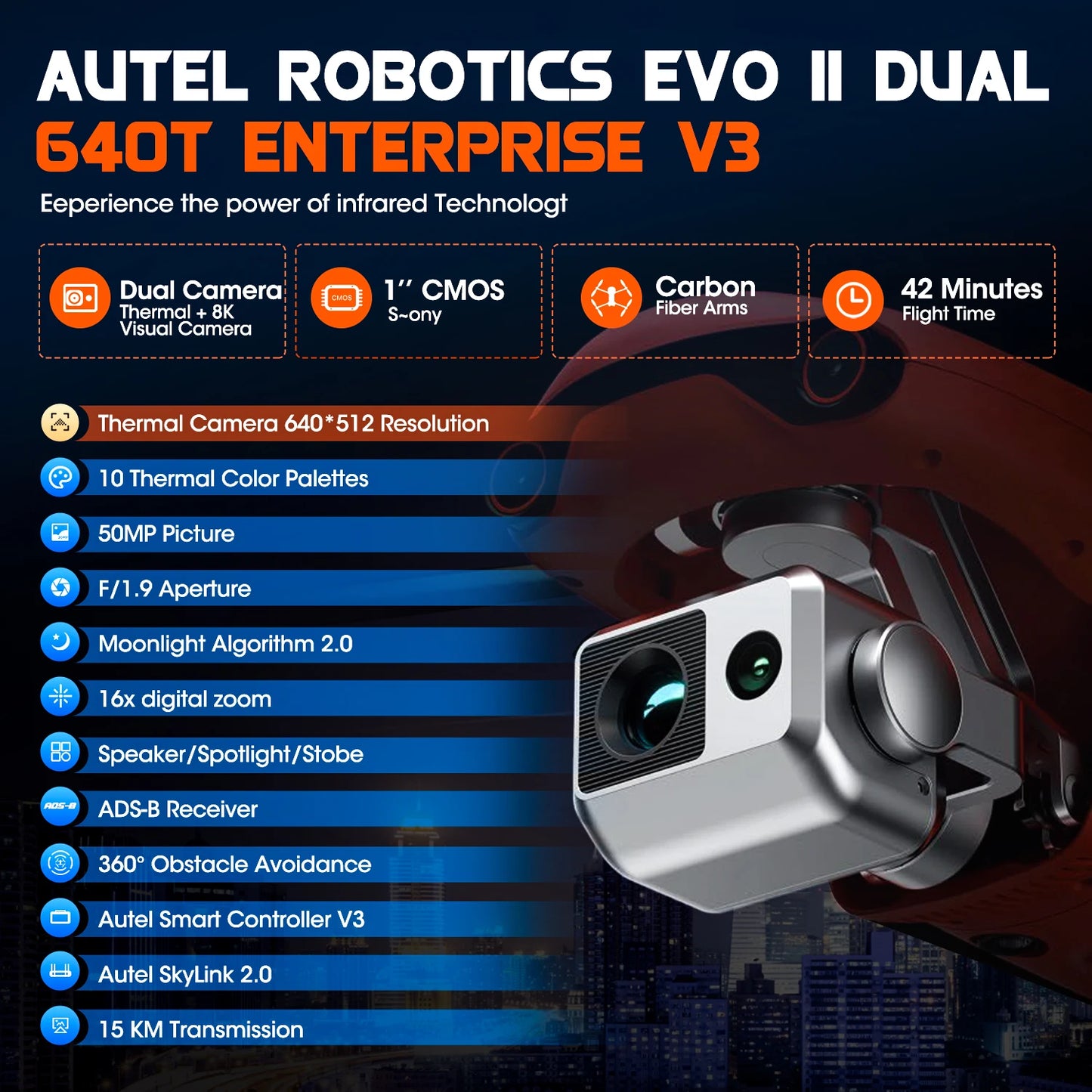 Autel Robotics EVO 640T V3 Drones 640x512 Thermal Imaging Drone Remote ID Supported 16x Digital Zoom Dual Camera 6K AI Drones