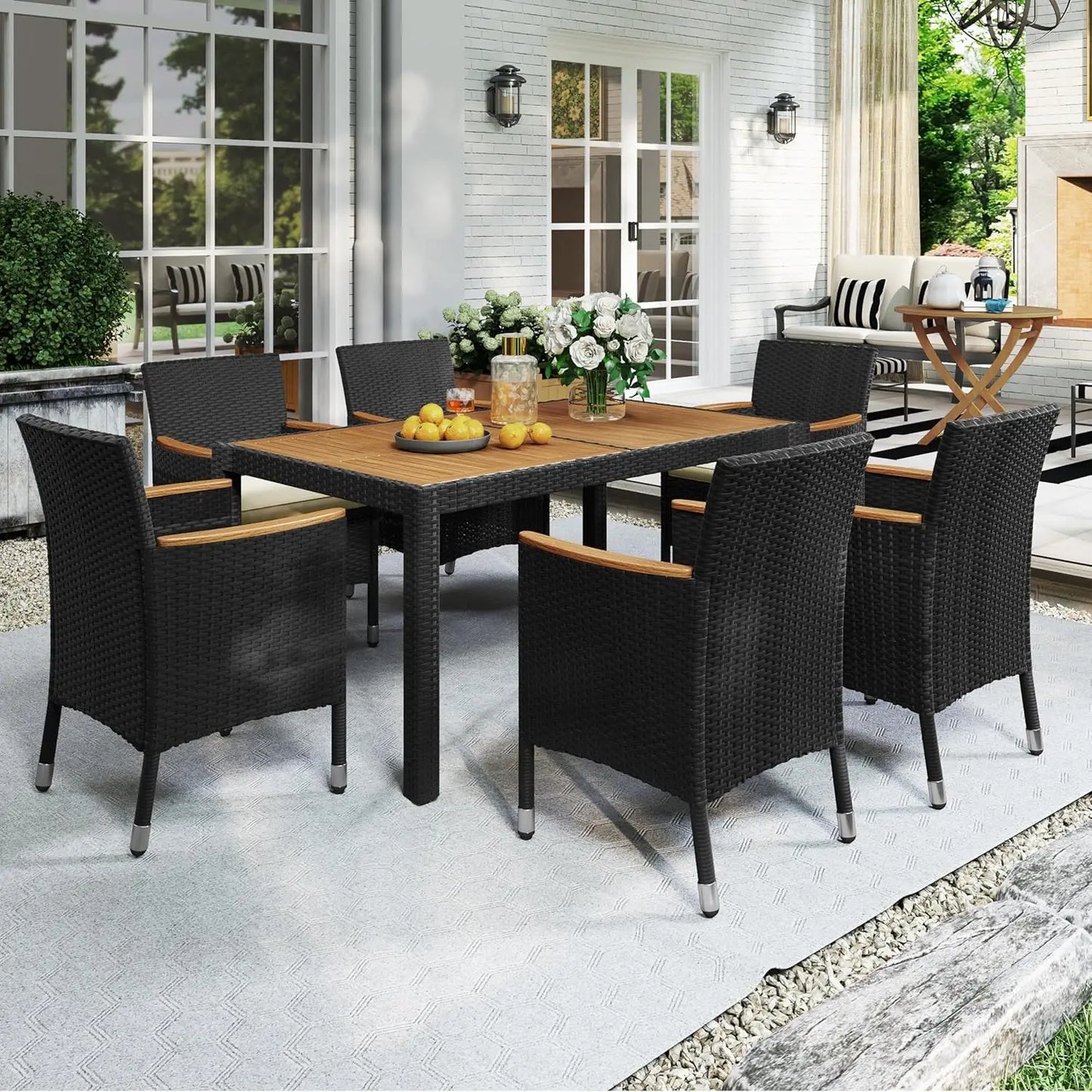 7pc Patio Acacia Wood Dining Set Rattan Conversation Cushioned Chairs Table Backyard Deck Garden Yard Custom