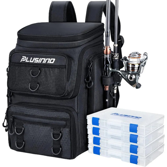 Large 42L WaterResistant Fishing Backpack with Integrated Rod Holders and Tackle Box for Efficient Storage and Organization of