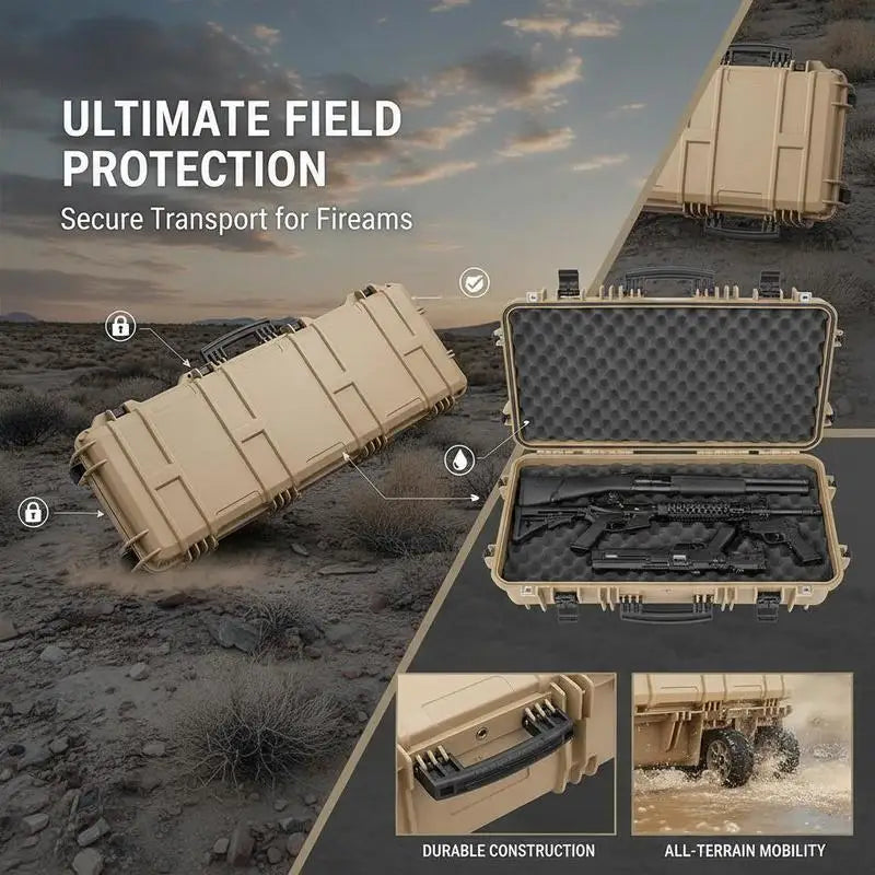 Rifle Protective Trunk 40 Inch For Hunting Shooting Range Tactical Training, Pre-cut Foam Lockable Latches Rolling Wheels Khaki Large Firearm Container Shotgun Airsoft Storage Case