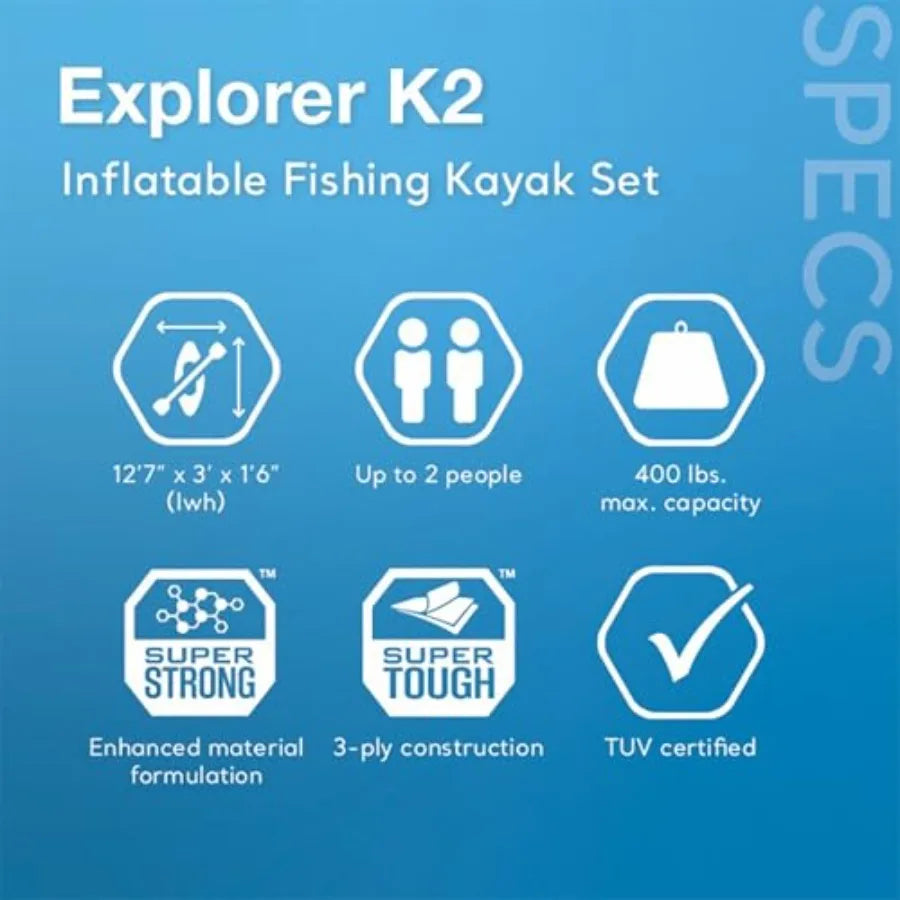 Excursion Pro inflatable kayak set for outdoor water adventures: SuperTough PVC, gray/black, 2-person capacity, 400lb weight li
