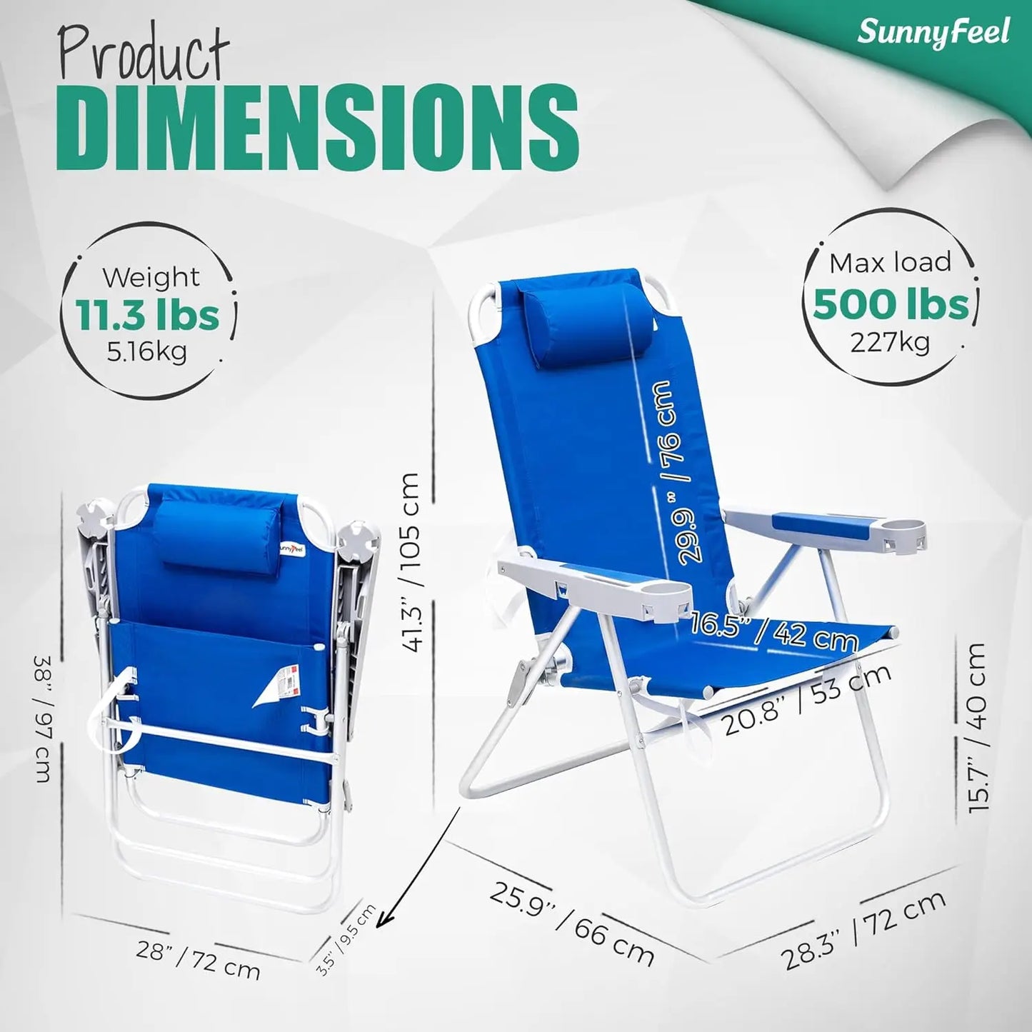 17" Tall Oversized Beach Chairs 2 Pack for Adults Heavy Duty 500 LBS, 5 Position, Portable High Folding Camping Chair with Cup H