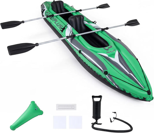 11.5 Ft Heavy Duty Inflatable Tandem Kayak for Two Adults - Includes Aluminum Paddles, Seats, Footrest, Hand Pump - Blow Up Canoe for Fishing in Lake and River
