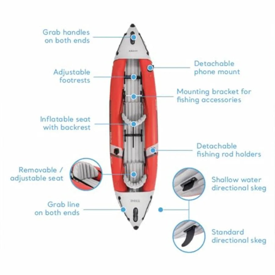 Excursion Pro inflatable kayak set for outdoor water adventures: SuperTough PVC, gray/black, 2-person capacity, 400lb weight li
