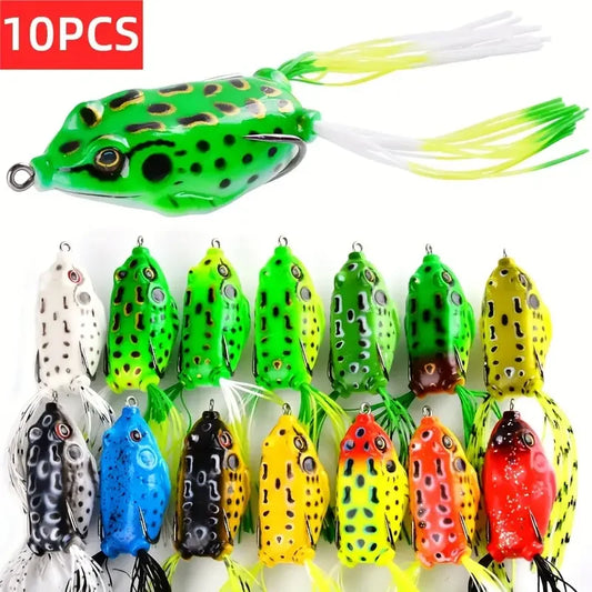 10pcs Frog Shape Lure Soft Tube Bait Plastic Fishing Lure with Fishing Hooks Topwater Ray Frog Artificial 3D Eyes