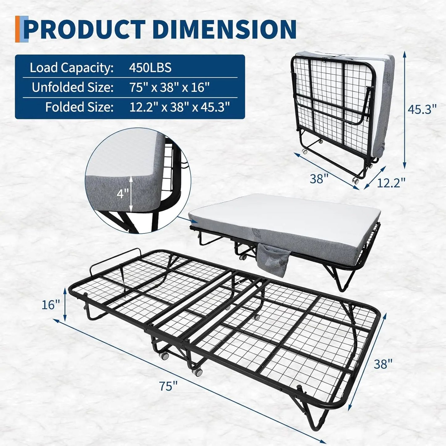 Folding Bed with Mattress, Portable Rollaway Bed with 4" Memory Foam Mattress for Adults, Foldable Guest Bed with Metal Frame, Fold Up, Roll Away, Space Saving for Outdoor