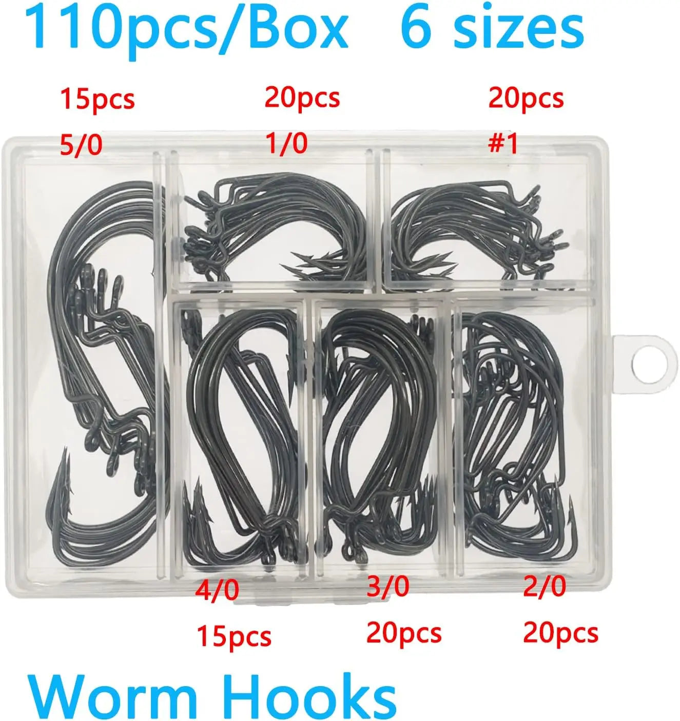 Worm Hooks for Bass Fishing Hooks, 110pcs Bass Hooks Fishing, 6 Sizes Fishing Hooks Freshwater, Eagle Claw Hooks #1 1/0 2/0 3/0