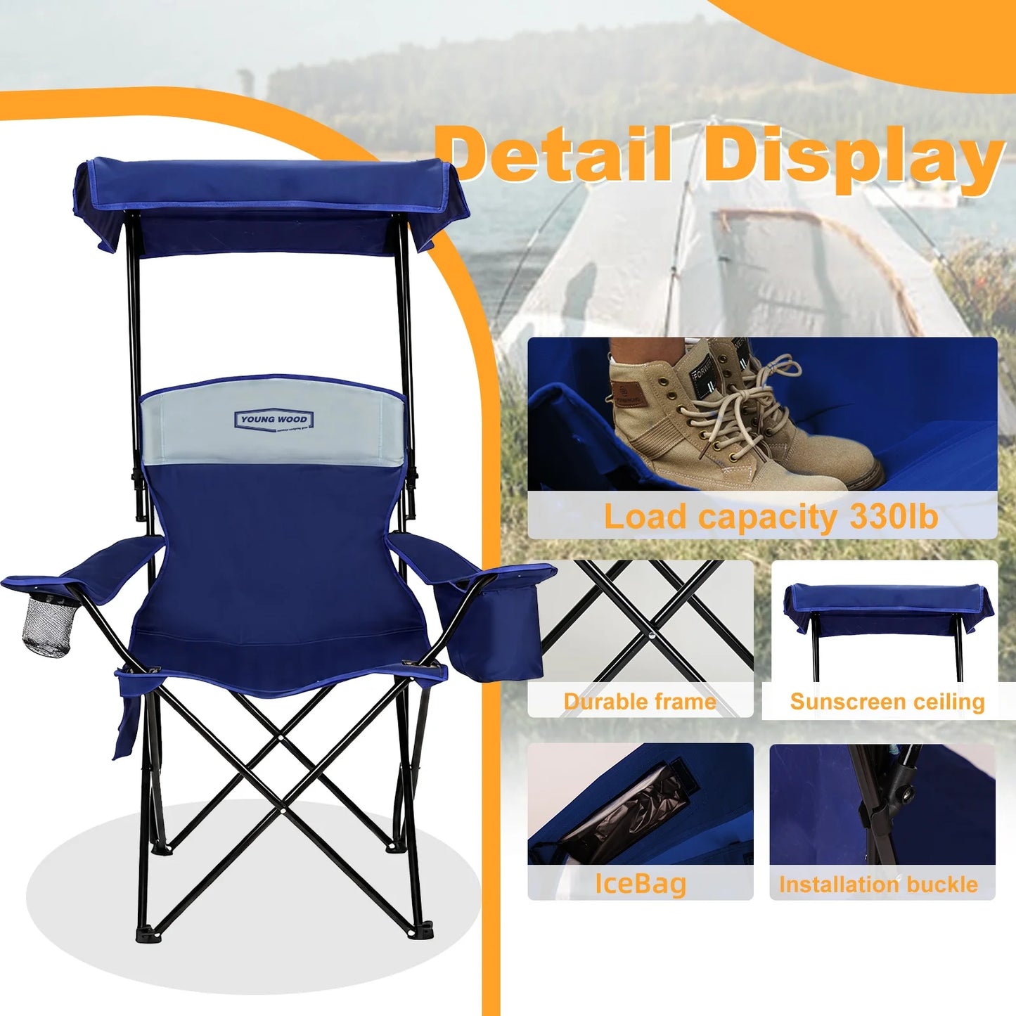 YOUNG WOOD Foldable Canopy Camping Chair Blue with Cooler Bag, Portable Outdoor Lawn Chair with Sun Shade, Cup Holder & Side Pocket, Heavy Duty Folding Beach Chair for Picnic Fishing Patio