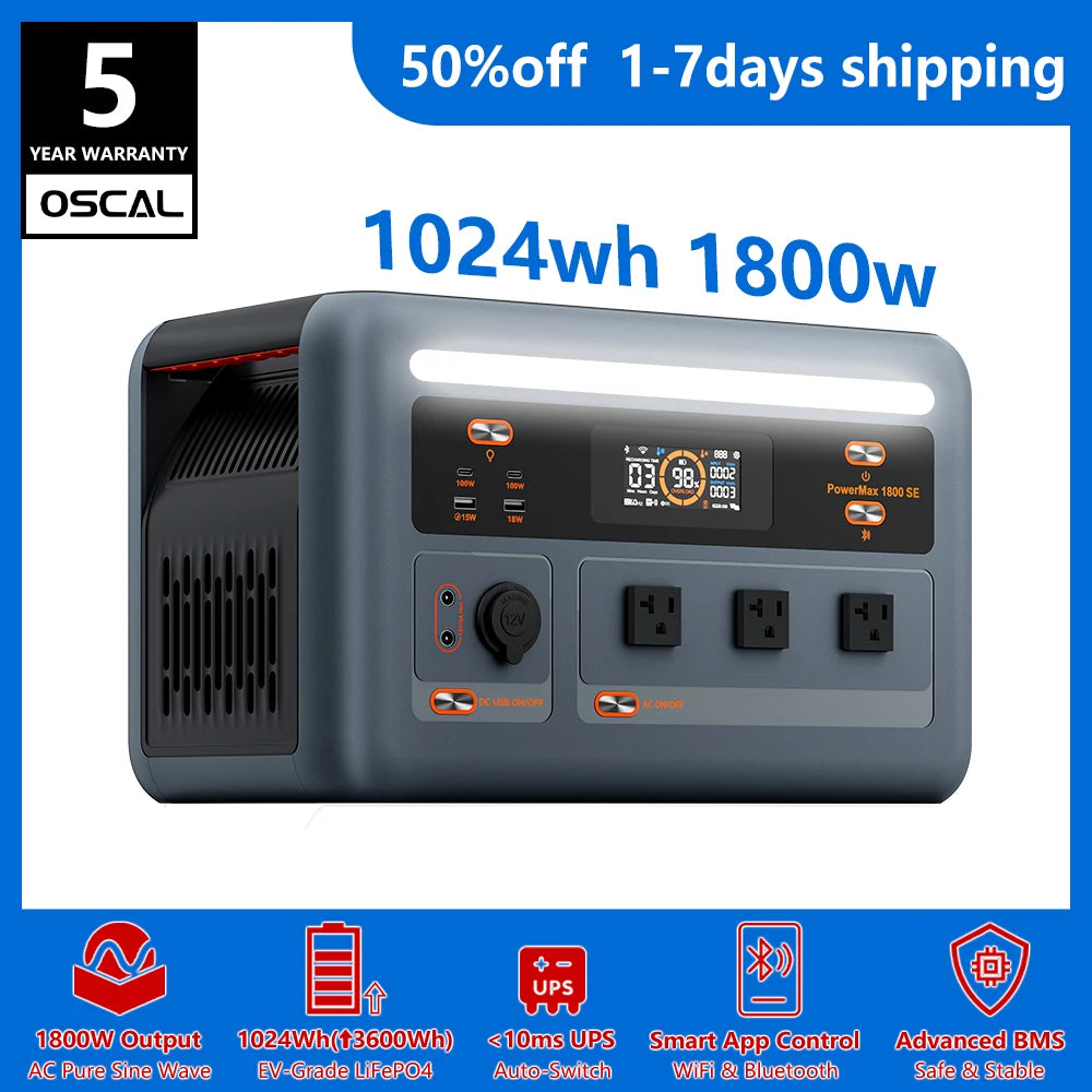 OSCAL 1024Wh LiFePO4 Portable Power Station 1800W Continuous 3600W Surge 1H Fast Charge UPS Solar Generator APP Control for Home Hurricane Camping RV（OSCAL PowerMax 1800）