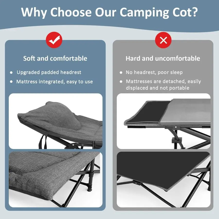 Cot, Folding Cot Bed for Adults with Builtin Mattress and Pillow, Portable Outdoor Sleeping Cot for Camping and Travel, with Car