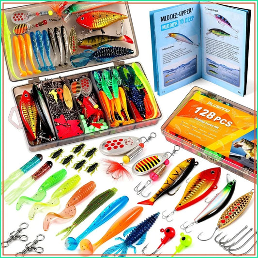 All-in-One Fishing Tackle Box with 128pcs Lures & Accessories Kit for Bass Trout, Ideal Gift for Men Dad Beginners