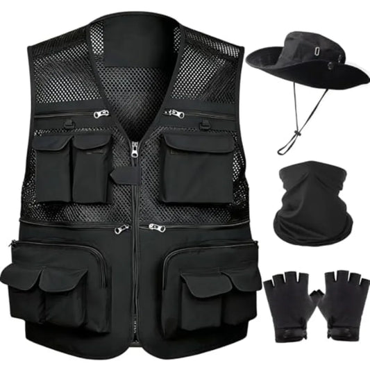 HUNTURE Fishing Vest, Pocket Travel Vest and Hat Gloves Neck Gaiter for Safari Hiking, Lightweight Work Cargo Vest for Men