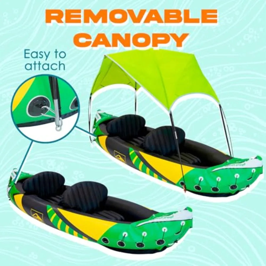 Inflatable Kayak 2 Person with Detachable Sun Canopy Heavy-Duty Tandem Kayak for Adults Reinforced Paddles, Waterproof Phone Ba